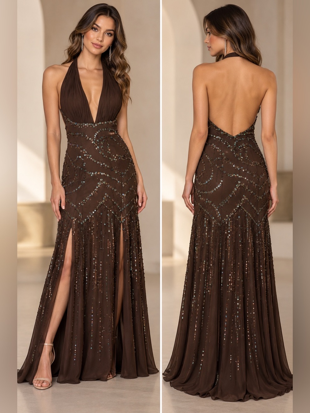 Xcite Prom Brown Beaded Sequin Halter Open Back Gown Size 10 NWT
